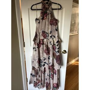 Trina Turk Kahlo Floral Print Silk Layered Maxi Dress Sleeveless XS Taupe Win